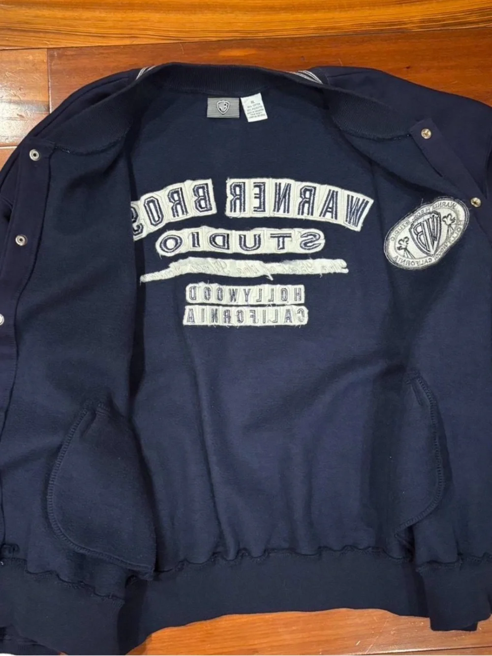 Warner Bros. Navy Blue Varsity Bomber Jacket with Stripe Trim
